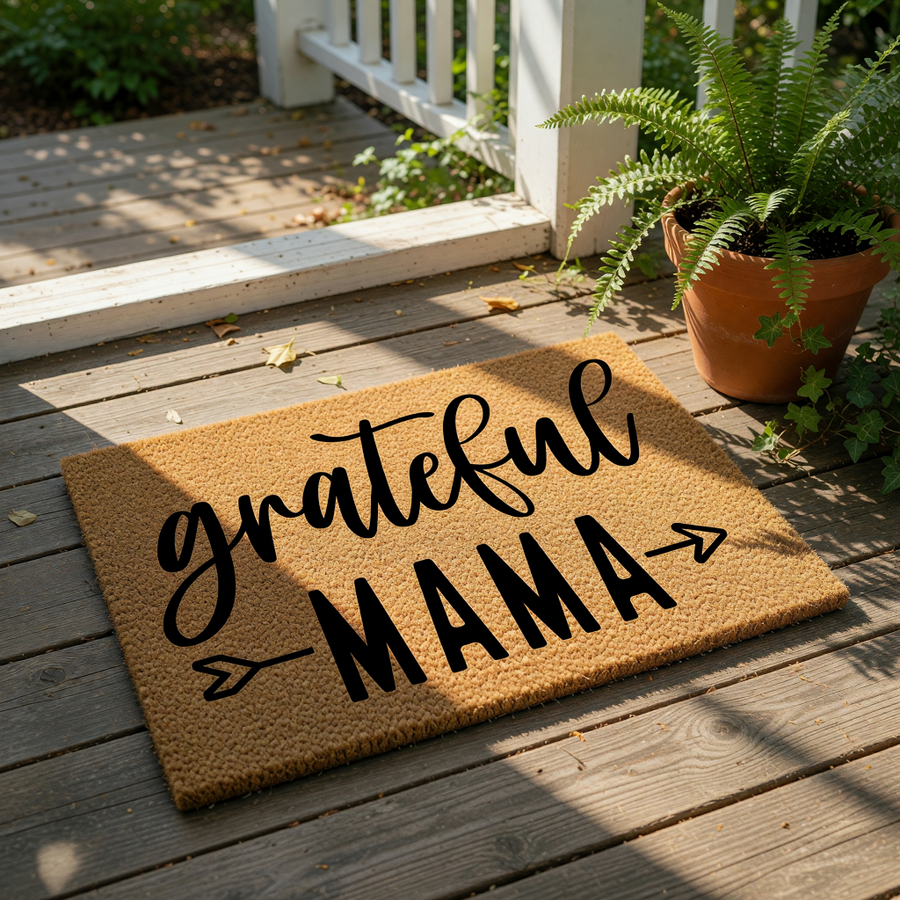 Grateful Mama coir doormat featuring black script and block lettering on a natural fiber welcome mat, perfect for a front porch entry or home decor, with arrow accents adding a stylish touch to this durable outdoor floor rug.