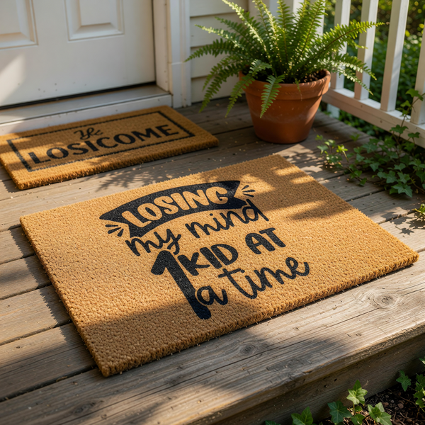 Funny doormat with the text Losing my mind one kid at a time printed in black on a natural coir fiber welcome mat, perfect for a humorous front porch decor piece that makes a relatable statement for parents at their home entrance.