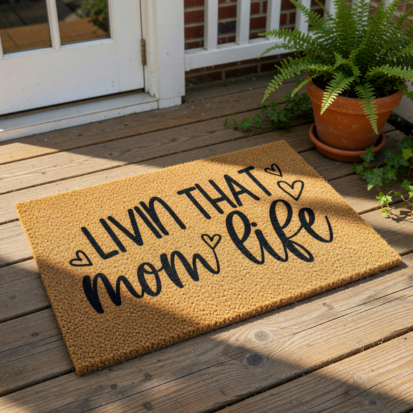 Livin That Mom Life coir doormat with black script text and heart accents, this natural fiber welcome mat is a durable front porch rug for home entryways and makes a fun housewarming decor piece for any busy mother.