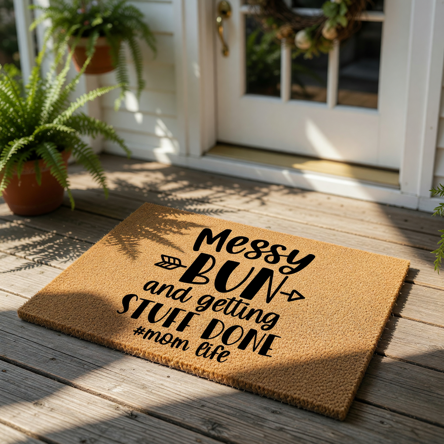 Mom life doormat with Messy Bun and getting stuff done text, a natural coir fiber welcome mat for front porch decor that features funny typography and arrow accents for a stylish home entrance and a humorous housewarming gift