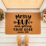 Mom Life Messy Bun Doormat featuring funny text on a natural coir fiber welcome mat, perfect for a front porch entry.