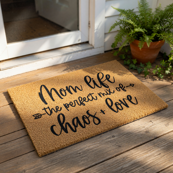 Mom life doormat featuring natural coir fiber material with black text that reads the perfect mix of chaos and love, making this funny welcome mat a great home decor piece for any front porch or entryway for a busy mother.