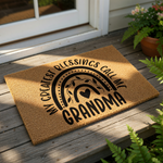Grandma doormat with a natural coir texture featuring a black printed rainbow design and the text My Greatest Blessings Call Me Grandma, making this a stylish outdoor welcome mat for a front porch or entryway home decor.