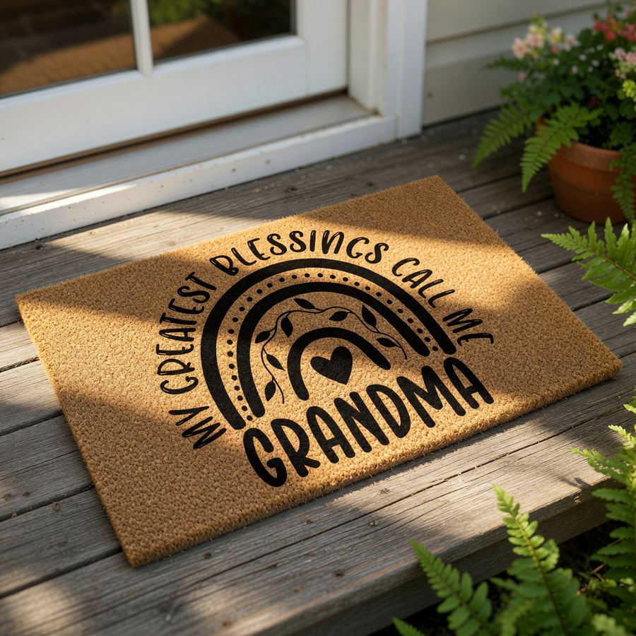Grandma doormat with a natural coir texture featuring a black printed rainbow design and the text My Greatest Blessings Call Me Grandma, making this a stylish outdoor welcome mat for a front porch or entryway home decor.