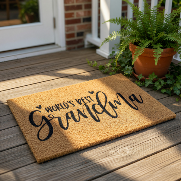 World's Best Grandma coir doormat with black script text and heart accents, this natural fiber welcome mat is a durable outdoor floor rug for a front porch entry, making a thoughtful home decor item for a beloved grandmother.