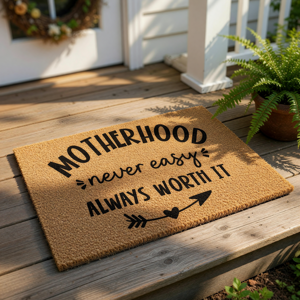 Motherhood doormat with a natural coir fiber texture, featuring bold black text that reads Motherhood never easy always worth it with a decorative arrow and heart design for a front porch welcome mat or home entryway decor.