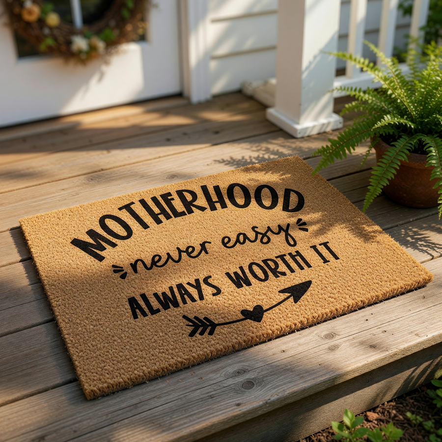 Motherhood doormat with a natural coir fiber texture, featuring bold black text that reads Motherhood never easy always worth it with a decorative arrow and heart design for a front porch welcome mat or home entryway decor.