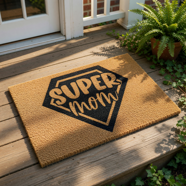 Super Mom doormat featuring a black diamond-shaped hero emblem on natural coir fiber, this funny welcome mat for front porch entryways makes a fun home decor accent for any mother who loves superhero themed house accessories.