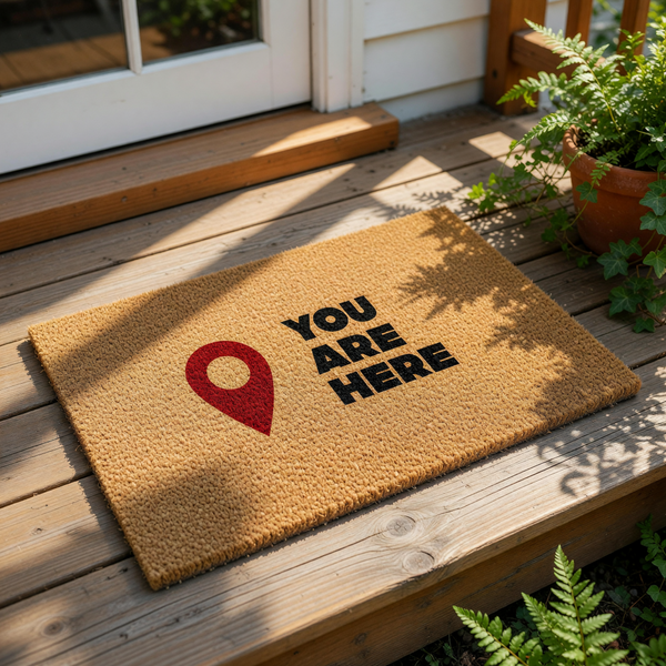You Are Here doormat featuring a dark red map location pin icon and bold black text on a natural coir fiber mat, making this funny welcome mat a unique housewarming gift for any home entrance or front porch decor.
