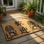 Asian guardian lion welcome doormat featuring traditional stone lion statues and Chinese characters for welcome, this durable coir fiber entry mat provides a stylish and functional floor covering for your front porch or home