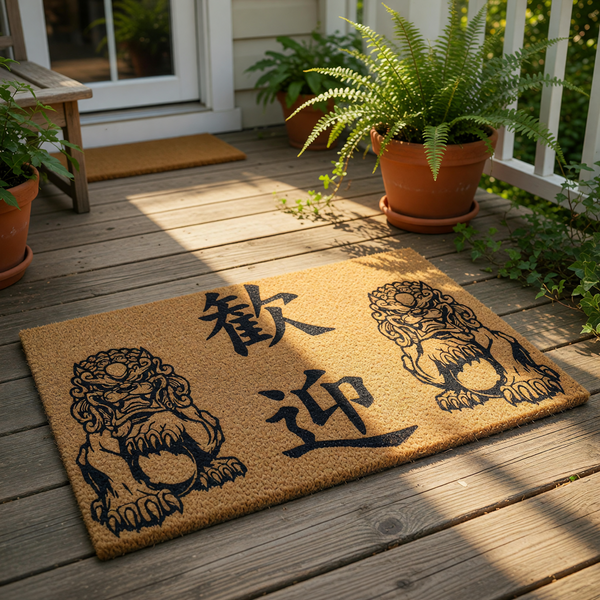Asian guardian lion welcome doormat featuring traditional stone lion statues and Chinese characters for welcome, this durable coir fiber entry mat provides a stylish and functional floor covering for your front porch or home
