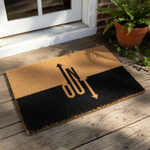 In Out doormat with a modern two-tone design featuring a natural coir top half and a black bottom half, this funny front door mat serves as a stylish welcome mat for your home entrance, porch, or entryway decor with bold