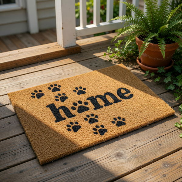 Dog paw print home doormat featuring a natural coir fiber texture with black text and animal footprints, this pet lover welcome mat is a durable outdoor floor rug for front porch entryways and dog owner home decor housewarming
