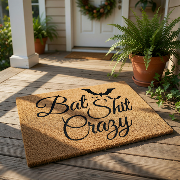 Bat Shit Crazy coir doormat with a funny Halloween quote and black bat graphic, this natural fiber welcome mat is a humorous front porch decor piece for your home entrance, perfect for a spooky or sarcastic housewarming gift.