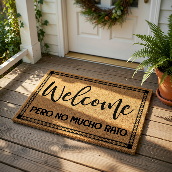 Funny welcome doormat with Spanish text, featuring a natural coir fiber texture and a black decorative border, perfect for a front porch entry way as a humorous housewarming decor piece for your home or apartment entrance.