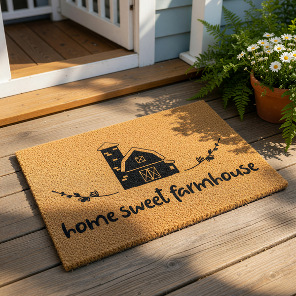 Home sweet farmhouse doormat with a rustic barn and silo illustration, featuring a natural coir fiber welcome mat design that adds a cozy country touch to your front porch entryway decor for a stylish and inviting home entrance.
