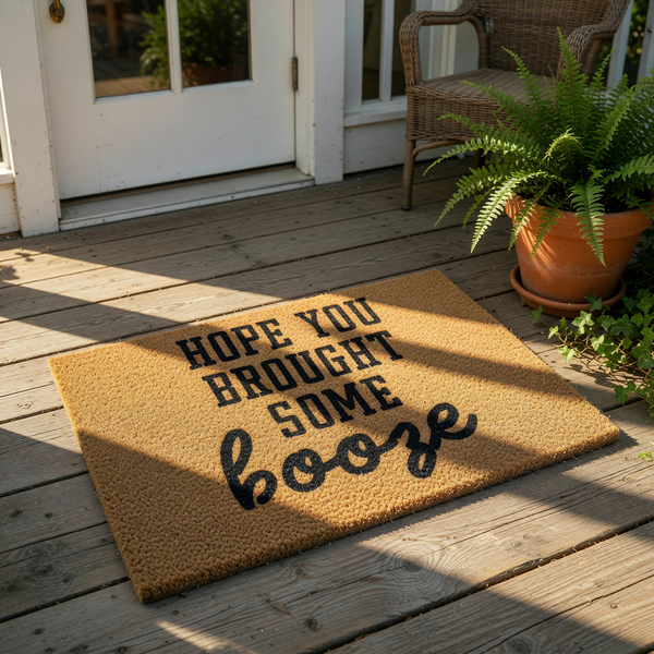 Funny Hope You Brought Some Booze doormat made of natural coir fiber, featuring bold black text on a textured brown background for a humorous front porch welcome mat that is perfect for housewarming or party host home decor.