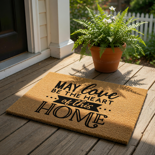 May Love Be The Heart Of This Home doormat, a natural coir fiber welcome mat with black typography for front porch decor, featuring a rustic housewarming design that adds a warm and inviting touch to any entryway or front door