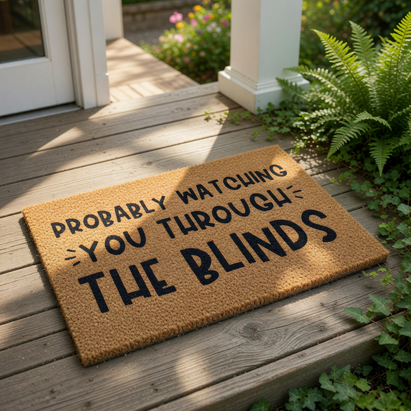 Funny doormat with the text Probably Watching You Through The Blinds printed in black on a natural coir fiber welcome mat, creating a humorous front porch decor piece for visitors and a unique housewarming entry rug for your home.
