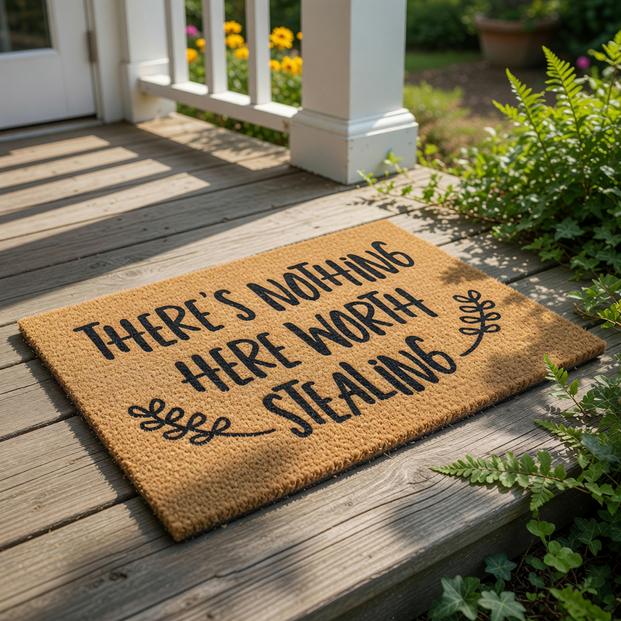 Funny doormat with the text There is nothing here worth stealing printed in black on a natural coir fiber welcome mat, featuring decorative leaf accents for a humorous front porch decor look that keeps your home entrance stylish.