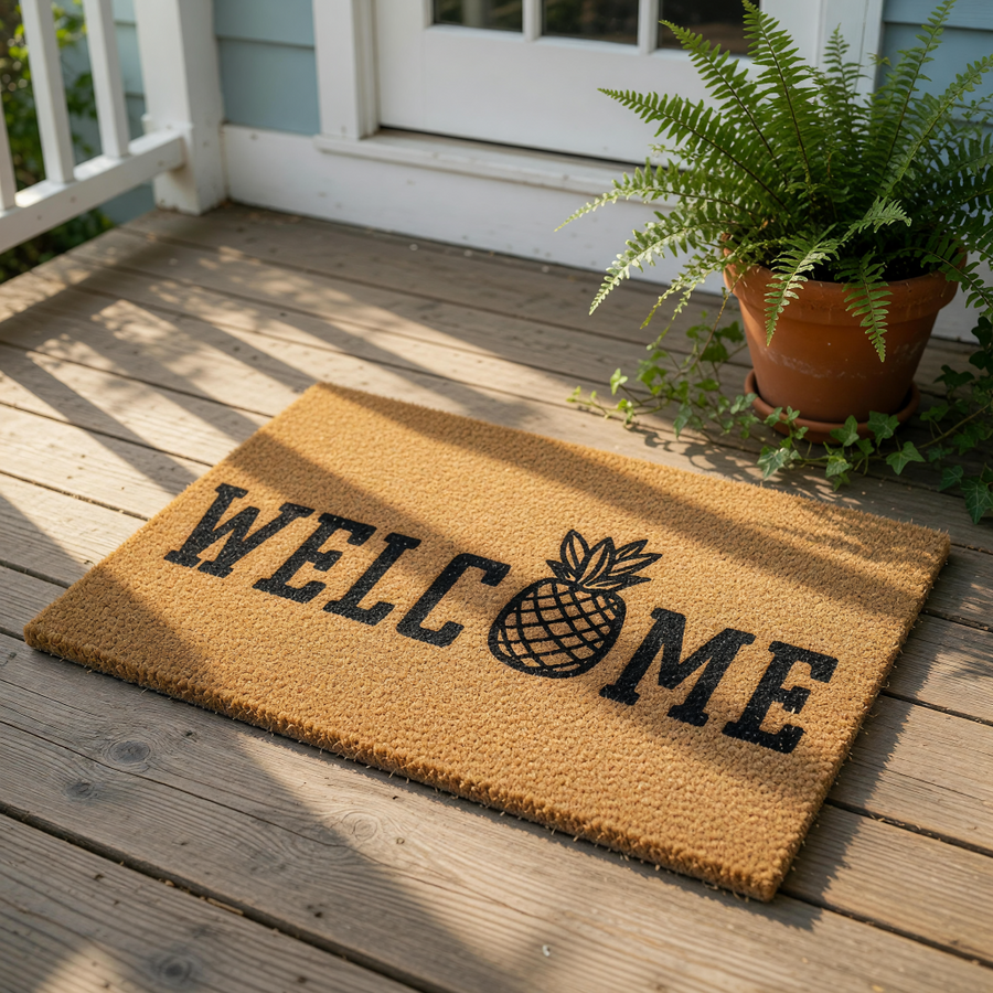 Pineapple welcome doormat made of natural coir fiber, featuring a black printed pineapple icon replacing the letter O in the word welcome, perfect for a front porch entry rug or a housewarming decor piece for your home entrance.