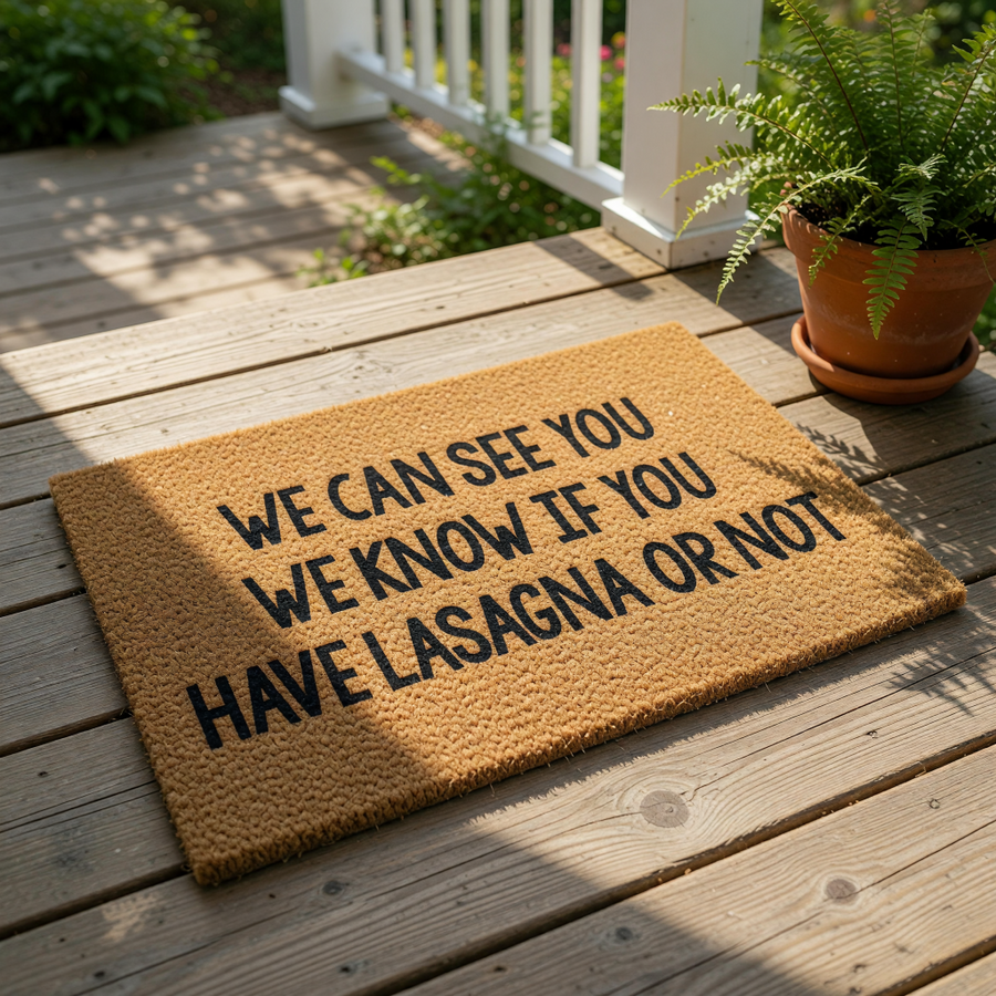 Funny lasagna doormat with a humorous quote printed on a natural coir fiber welcome mat, perfect for a front porch entry way or housewarming gift for food lovers who enjoy witty, sarcastic, and unique home decor door mats.