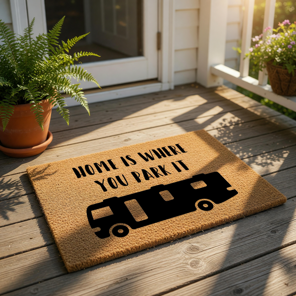 A black and white image of a vehicle, likely a truck or van, along with the text "HOME IS WHERE YOU PARK IT" printed on a beige background.