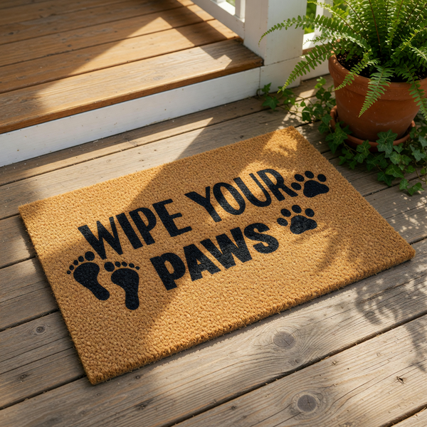 Wipe Your Paws doormat with a natural coir fiber texture, featuring black text and paw print graphics for a fun pet lover entryway rug that serves as a durable outdoor welcome mat for dog owners and cat lovers at the front door.