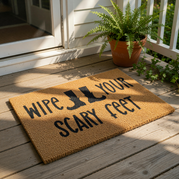 Funny Halloween doormat with the text Wipe Your Scary Feet and witch boot graphics, this natural coir fiber welcome mat is a spooky outdoor rug for your front porch decor during the fall season and autumn holiday home entryway.