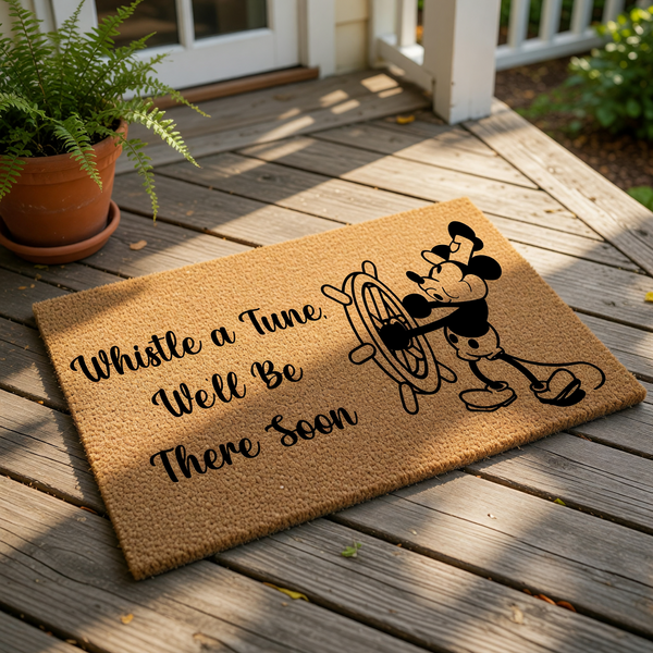 Cartoon mouse sailor doormat featuring a character steering a ship wheel with the text Whistle a Tune, We'll Be There Soon, this natural coir fiber welcome mat is a durable outdoor floor rug for your front porch or entryway decor.
