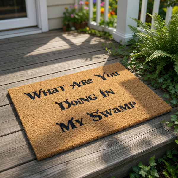 Funny swamp quote doormat featuring a natural coir fiber texture and bold black text that reads What Are You Doing In My Swamp, making this a perfect novelty welcome mat for fans of fantasy movie humor and unique home entryway