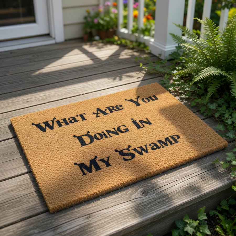 Funny swamp quote doormat featuring a natural coir fiber texture and bold black text that reads What Are You Doing In My Swamp, making this a perfect novelty welcome mat for fans of fantasy movie humor and unique home entryway