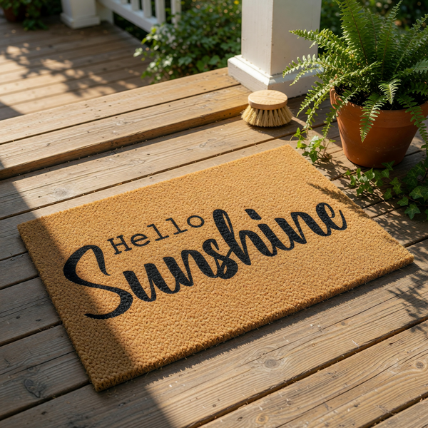 Hello Sunshine coir doormat with natural fiber texture and black printed text, this outdoor welcome mat is a stylish front porch rug for home entryways that adds a cheerful look to your house decor and entryway floor covering.