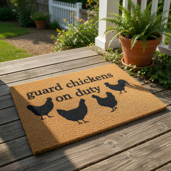 Guard Chickens on Duty coir doormat featuring a funny farm animal design with black silhouettes of hens and a rooster, this natural fiber welcome mat is a humorous outdoor floor rug for chicken lovers and farmhouse home decor.