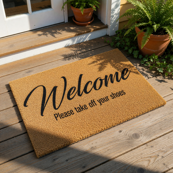 Welcome Please Take Off Your Shoes doormat made of natural coir fiber, this rectangular front door mat features black script lettering and is a functional home decor piece for your entryway, porch, or mudroom floor to keep dirt