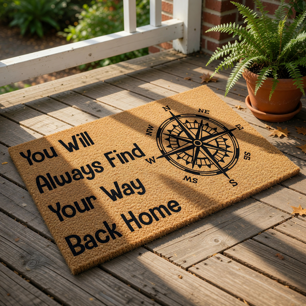 Compass design welcome doormat featuring the quote You Will Always Find Your Way Back Home, this natural coir fiber entry rug is a durable outdoor floor mat for your front porch, entryway, or housewarming decor with a nautical