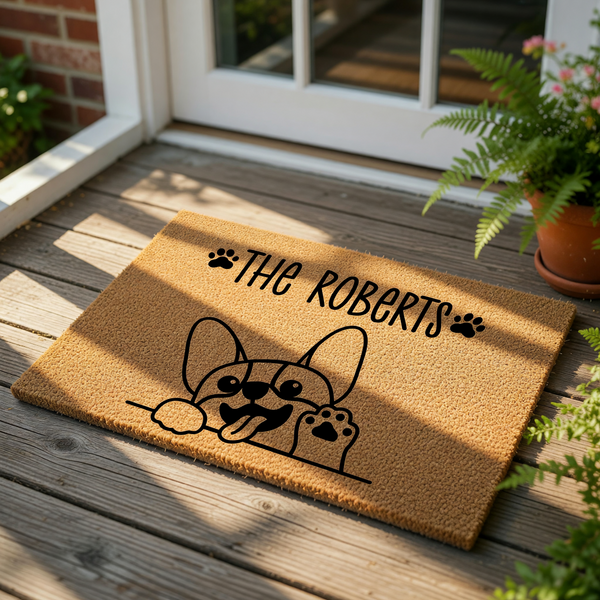 A doormat with a cartoon dog illustration and the text "The Roberts" above it.
