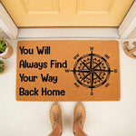 Compass design welcome doormat featuring the phrase You Will Always Find Your Way Back Home, this natural fiber outdoor floor mat is a stylish housewarming entry rug for your front porch, entryway, or home decor entrance area.