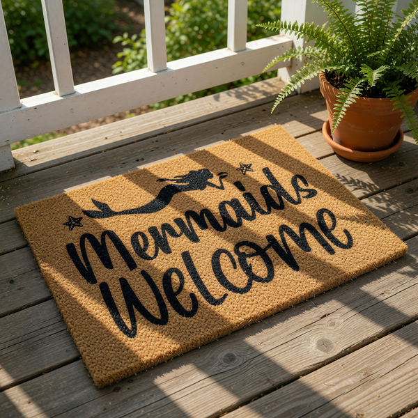 Mermaids Welcome coir doormat with a black silhouette of a mermaid and starfish, this natural fiber outdoor welcome mat is a fun coastal home decor piece for your front porch, entryway, or beach house entrance floor mat.