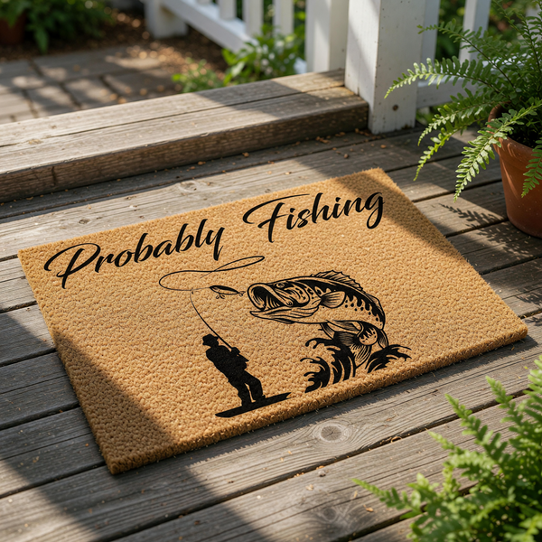 Probably Fishing coir doormat featuring a black silhouette of a fisherman catching a large bass fish, this durable outdoor welcome mat is a funny front porch rug for anglers and fishing enthusiasts who love lake house decor.