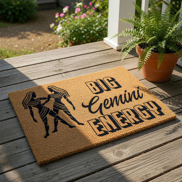 Big Gemini Energy zodiac doormat featuring a black graphic of the twins on a natural coir welcome mat, perfect for astrology lovers who want a funny horoscope front door rug for their home entrance or apartment porch decor.