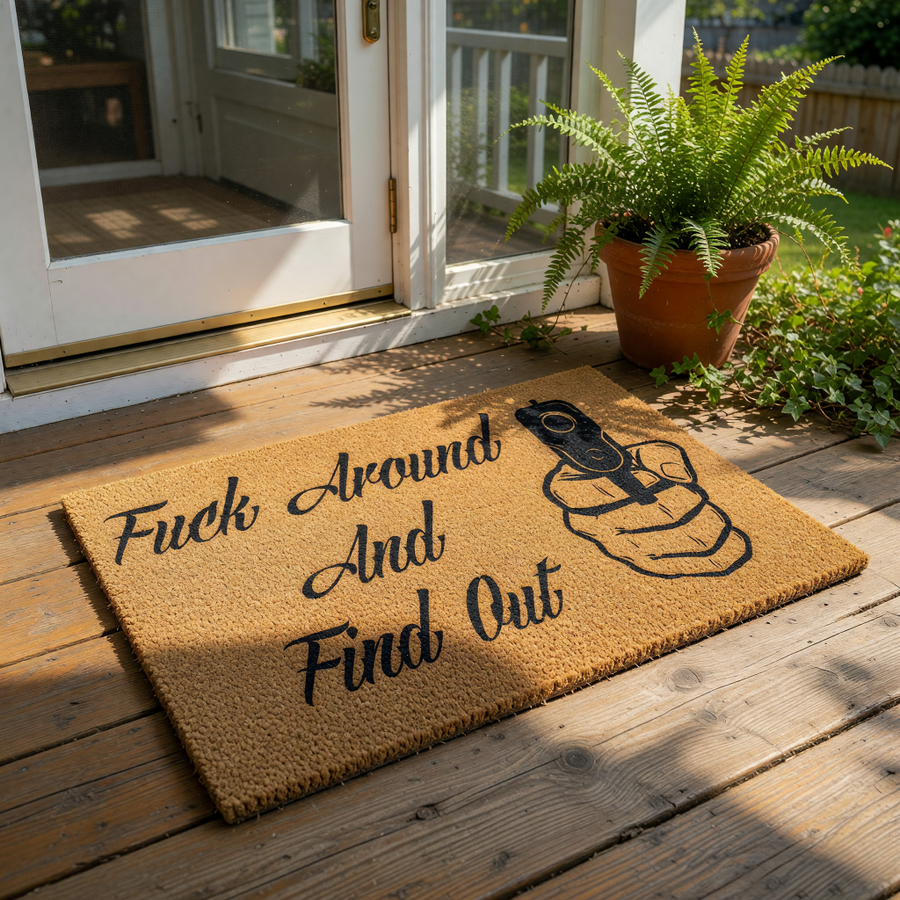 Funny doormat with Fuck Around And Find Out text and a hand holding a gun graphic, this natural coir fiber welcome mat is a bold front porch decor piece for home entryways that adds a humorous and edgy touch to your outdoor space.