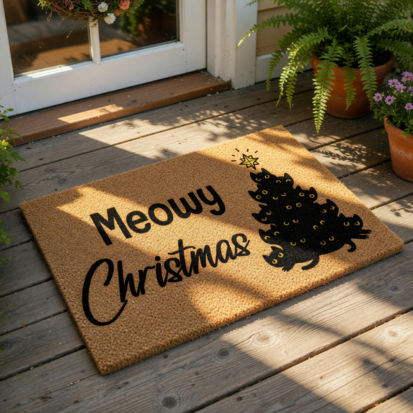 Meowy Christmas cat doormat featuring a festive tree made of black kittens on a natural coir welcome mat, perfect for holiday porch decor and cat lovers looking for a funny seasonal front door rug for their home entrance.