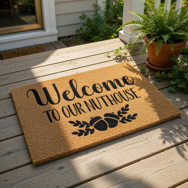 Welcome to our nuthouse doormat with funny fall decor, featuring a natural coir fiber welcome mat with black text and acorn graphics for a humorous front porch entrance, perfect for a rustic home entryway or housewarming gift.