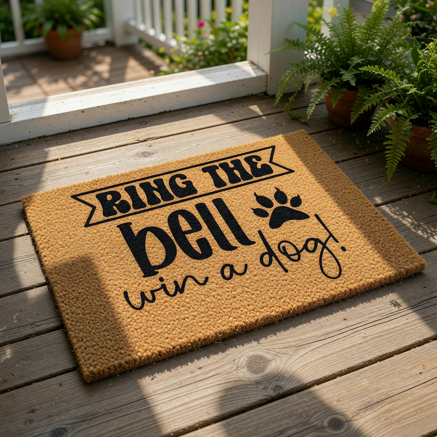 Funny dog doormat with the text Ring the bell win a dog and a paw print icon, this natural coir fiber welcome mat is a humorous front porch decor piece for pet lovers and dog owners looking for a cute outdoor entrance rug.