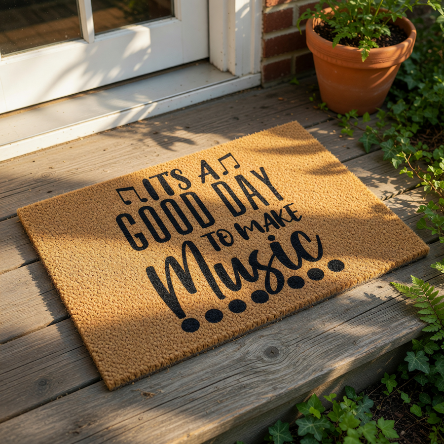 Music lover doormat featuring the text It's A Good Day To Make Music with musical notes and a staff design, this natural coir fiber welcome mat is a stylish front porch decor piece for musicians, music teachers, and home