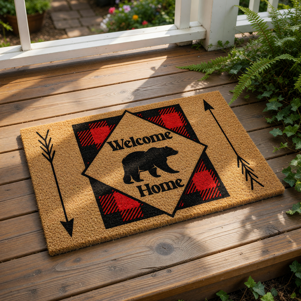 Bear Welcome Home doormat with red and black buffalo plaid pattern, featuring a rustic cabin style outdoor welcome mat made of natural coir fiber with arrow designs for a farmhouse porch entrance or front door decor.