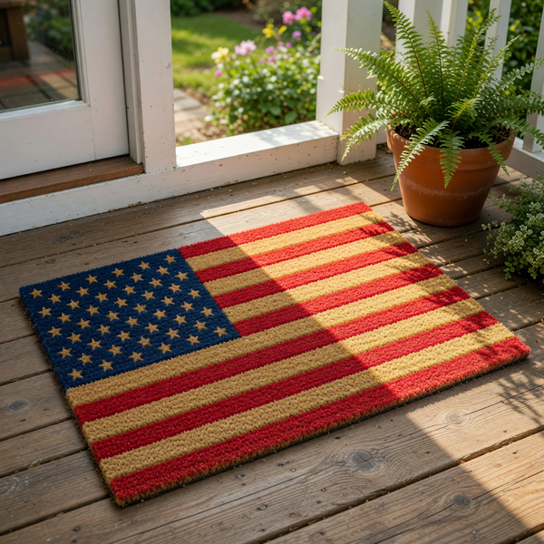 American flag doormat featuring a patriotic red, white, and blue design on natural coir fiber.