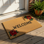 Floral welcome doormat featuring traditional red rose illustrations on a natural coir fiber mat, this outdoor entry rug serves as a stylish front porch decor piece for your home entrance with a classic welcome message in black