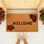 Floral Welcome Doormat with red rose design, a natural coir fiber welcome mat for front porch decor, featuring a classic welcome message and traditional tattoo style flower art for a stylish home entrance and outdoor entryway